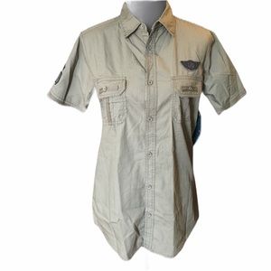 Black Jack Button Down Shirt with Patches, Army Green, Small